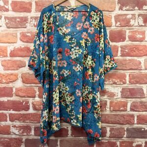 Lands End Kimono Swim Coverup Women's M Multicolor Boho Floral Sheer Embroidered
